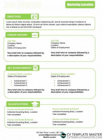 One page apple green themed creative CV template with boxes and themed icons