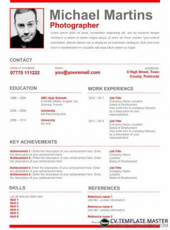 Red creative CV template with a bold objective and space for achievements