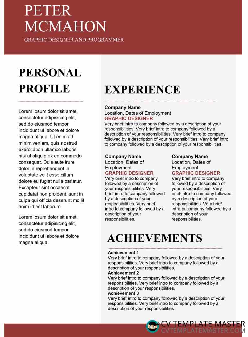 Free red creative CV template in MS Word