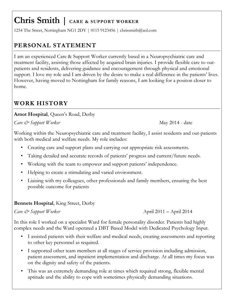Care support worker CV - page 1
