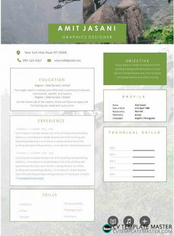 CV template with a muted photo background and boxes for details