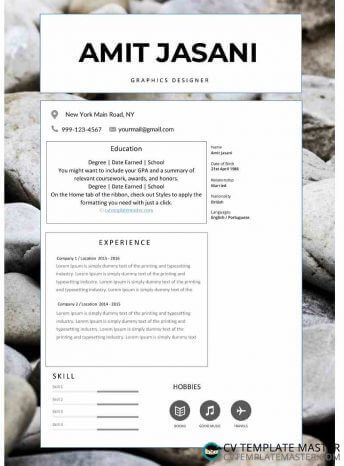 CV template with an optional photo background and skills sliders