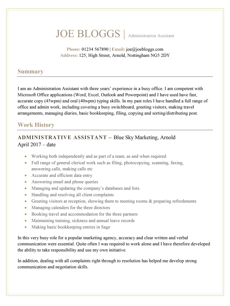 Administration CV example - page one