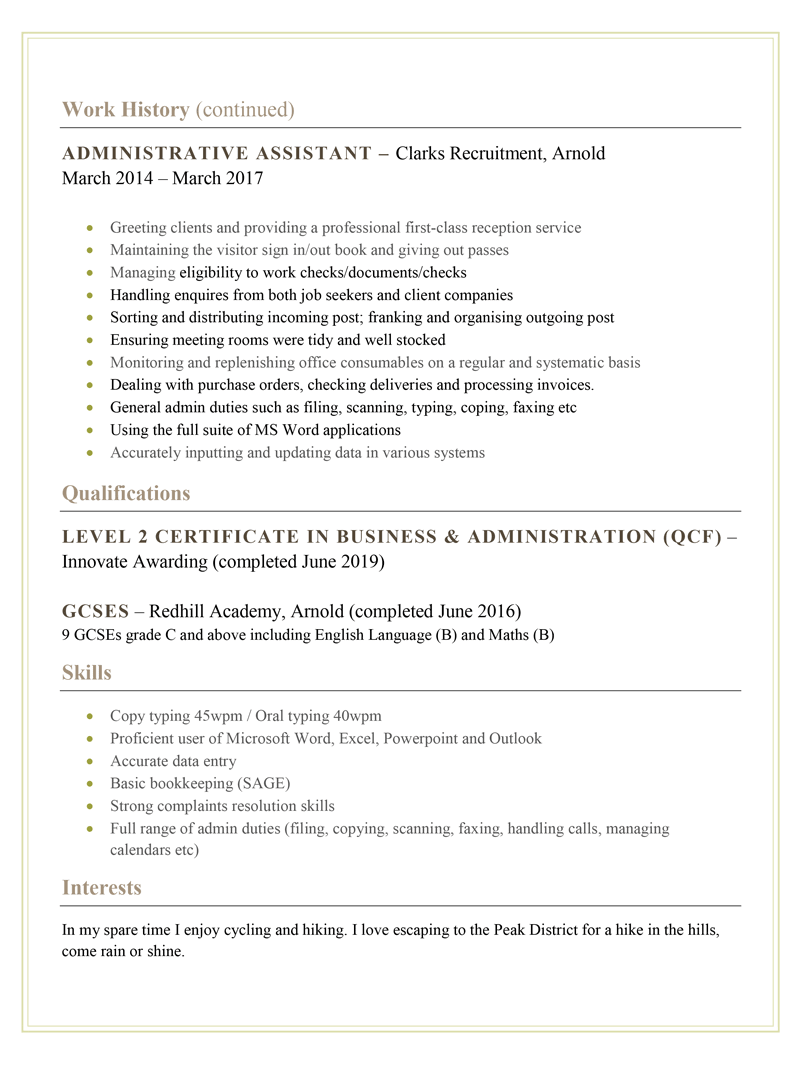 Administration CV example - page two