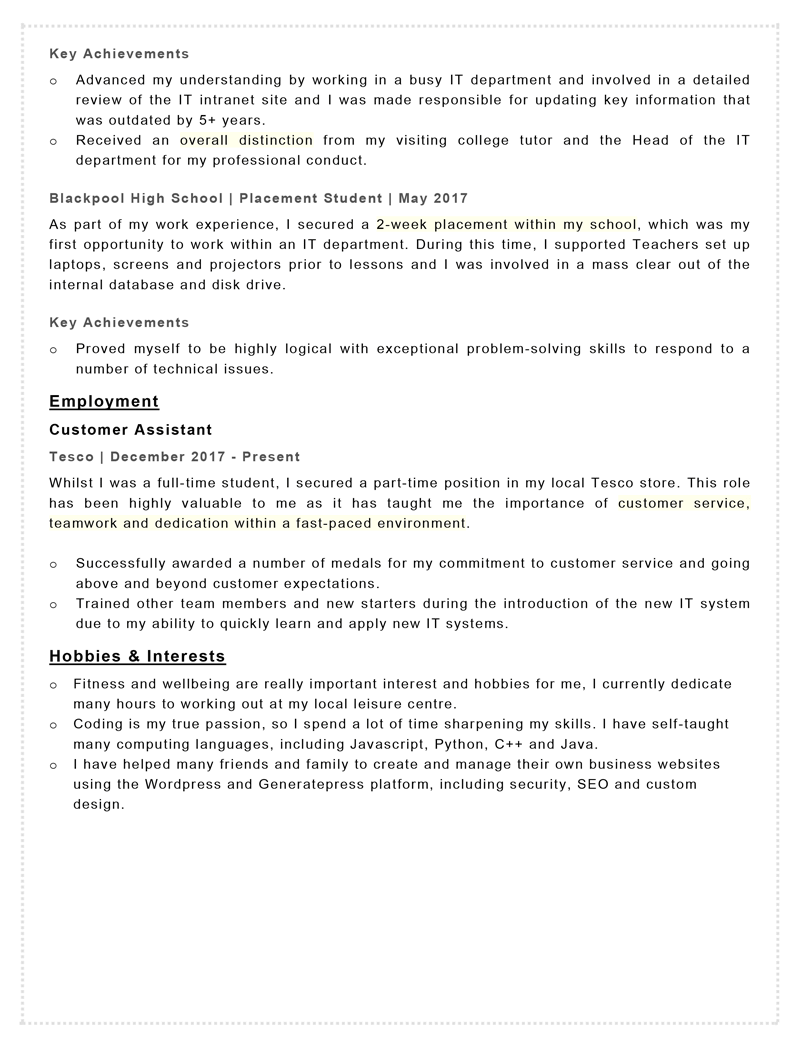 Apprenticeship CV example - page two