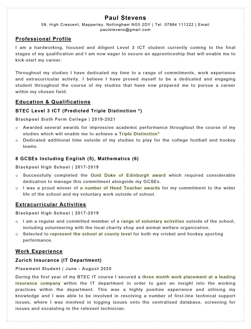 Apprenticeship CV template - page one