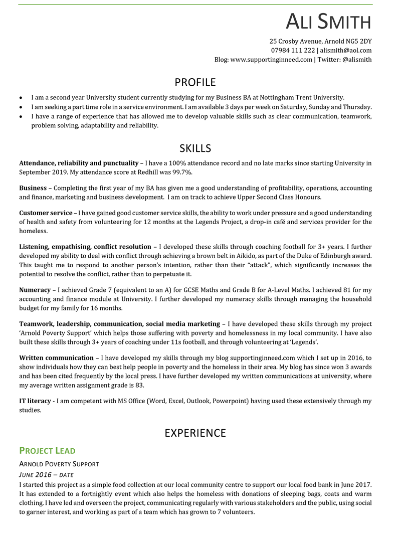 CV for a part time job - page one