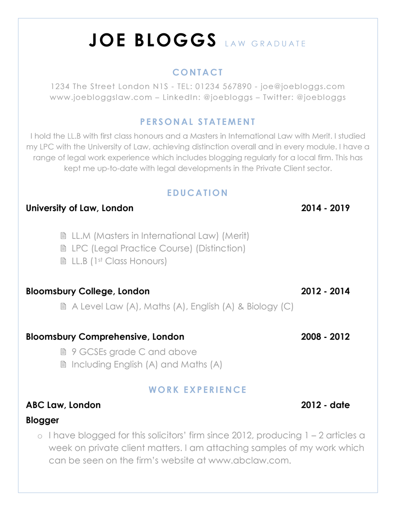 Graduate CV example - page one