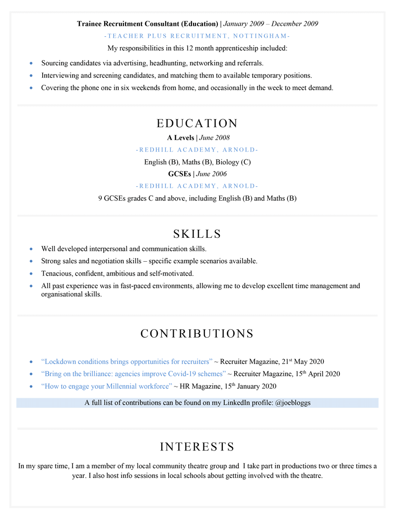 Recruitment consultant CV - page two