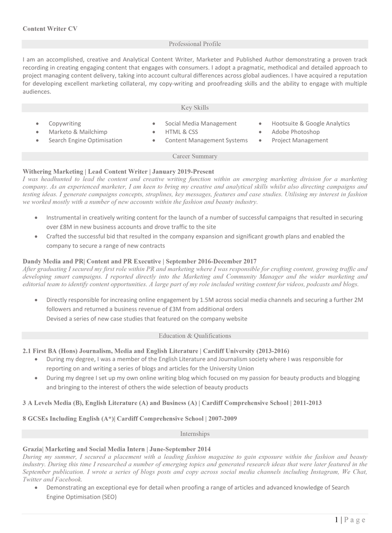 Writer CV template - page one