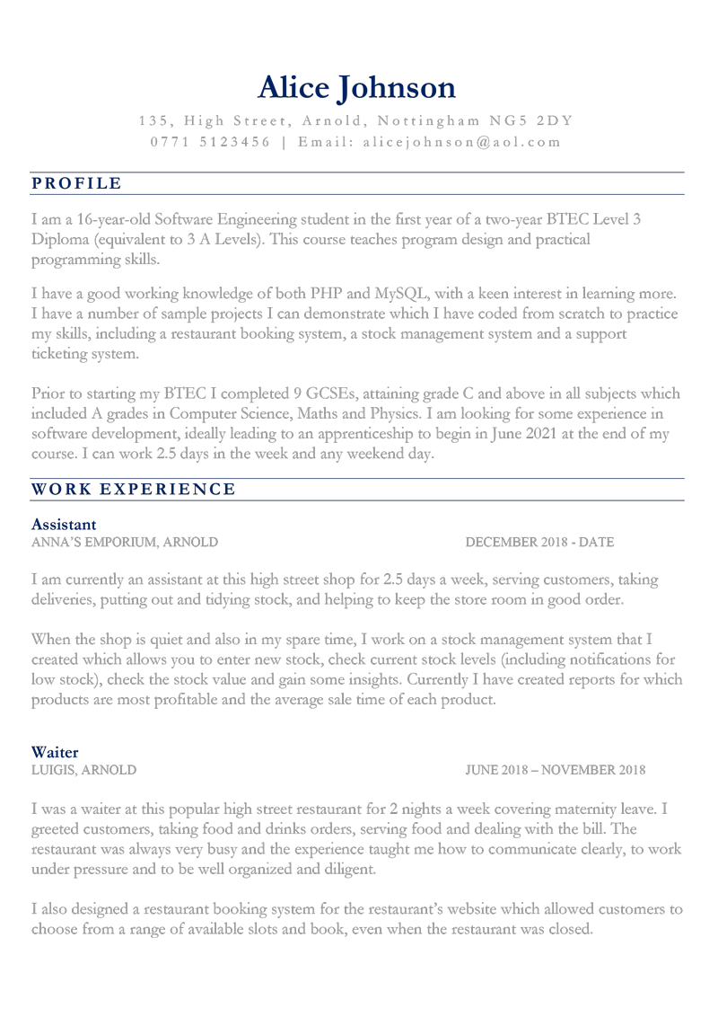 CV for 16 year old - page one preview