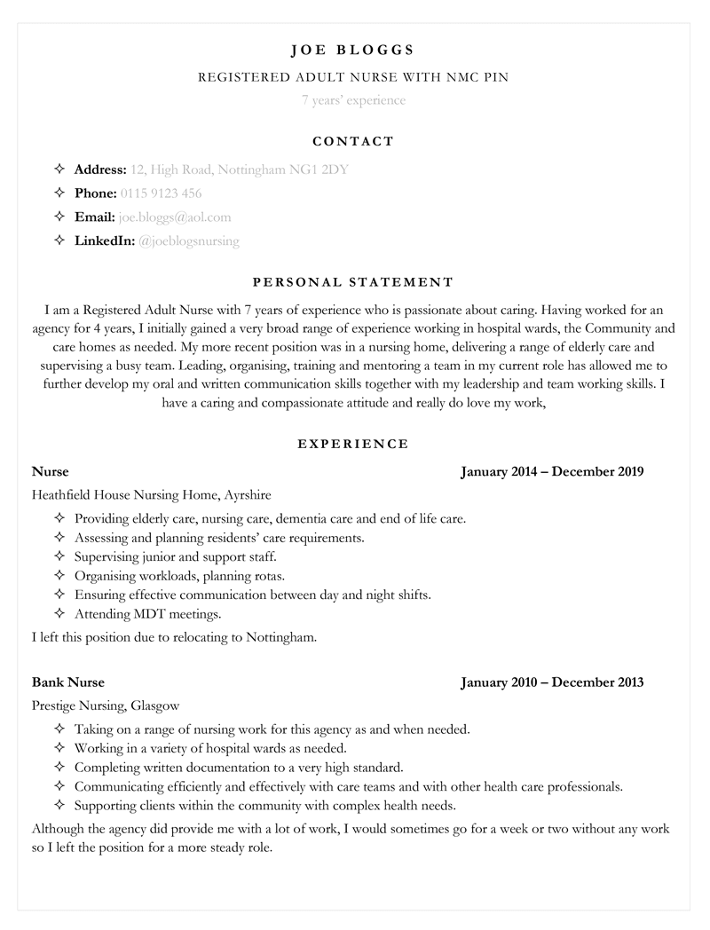 Nursing CV example - page one of template