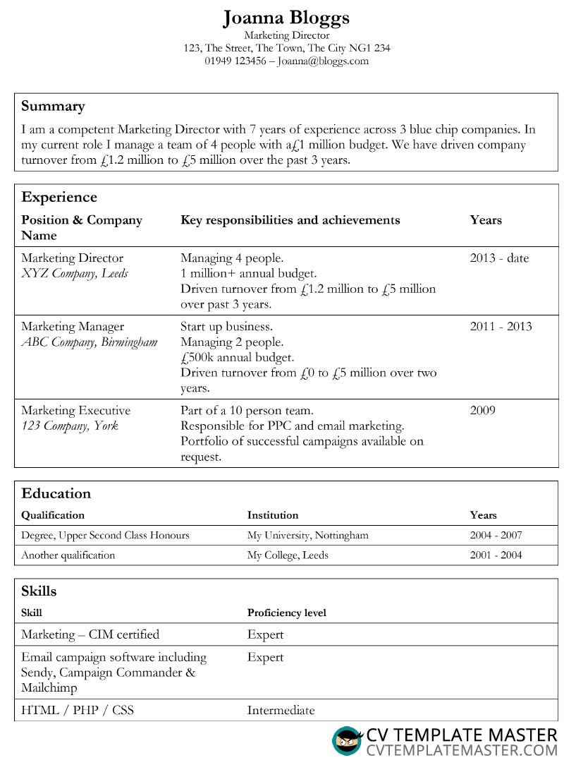 Professional CV template in MS Word format using tables