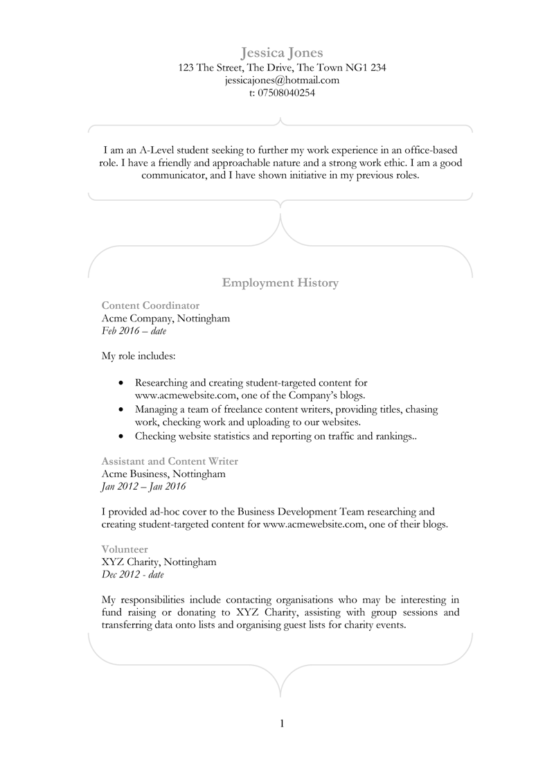 Entry level CV template - page one