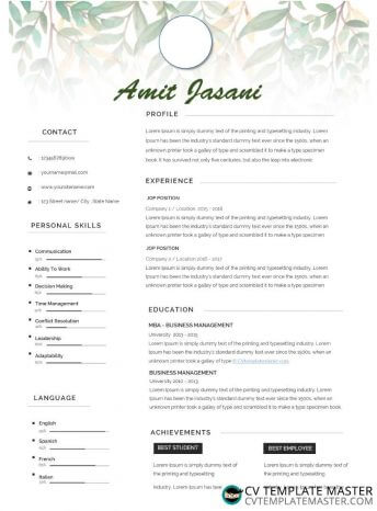 Microsoft Word CV template with a leaf background and skill-level sliders