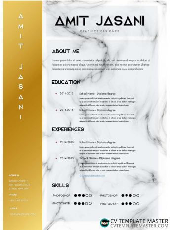 Elite CV template with a gold first column and marble background