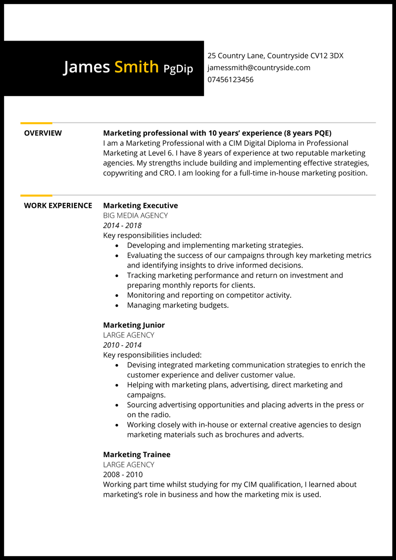 Marketing CV example - page 1