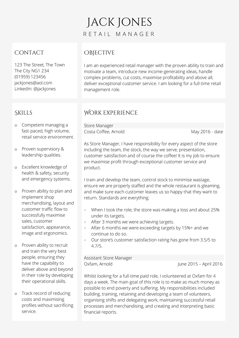 Retail manager CV template - page 1