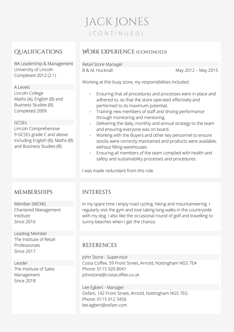 Retail manager CV template - page 2