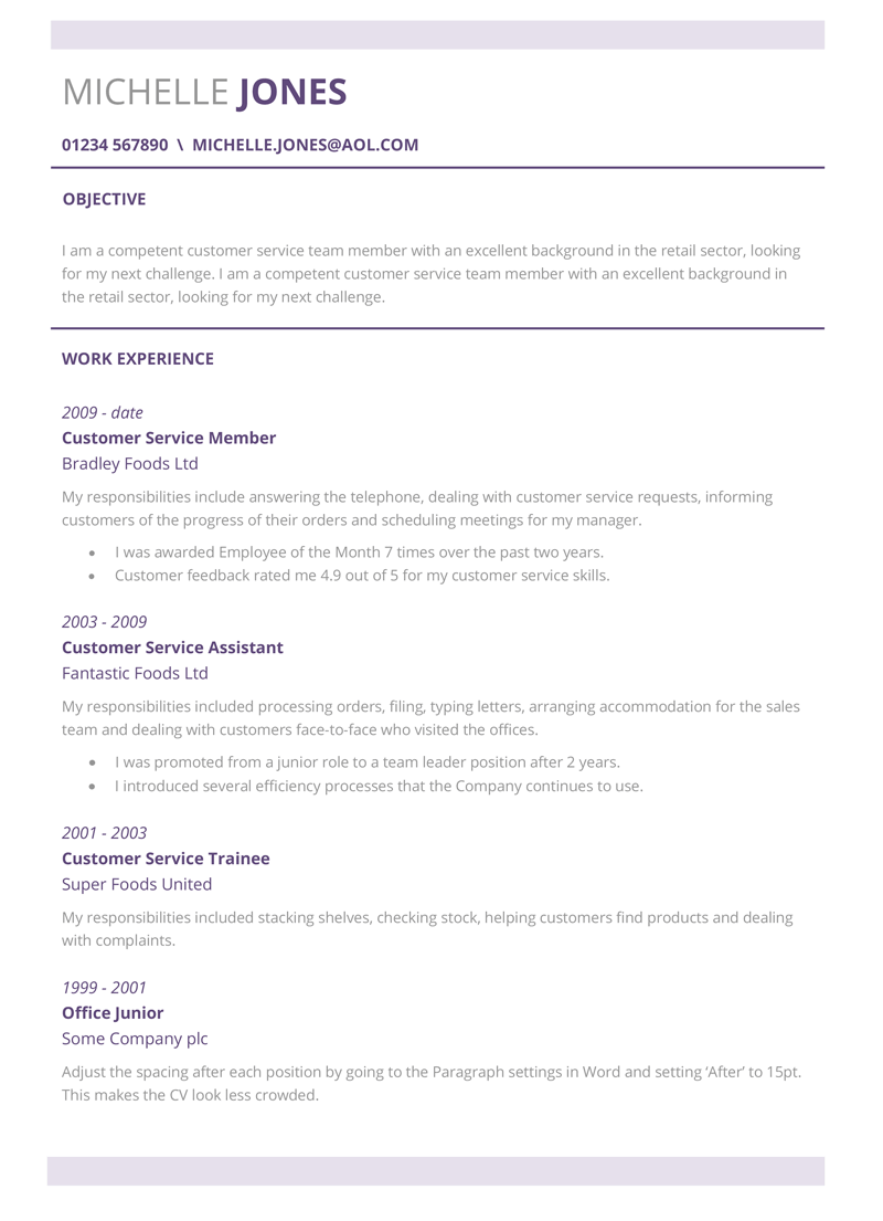 Customer service CV template - page one