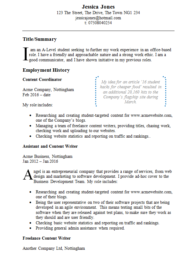 Example of CV writing