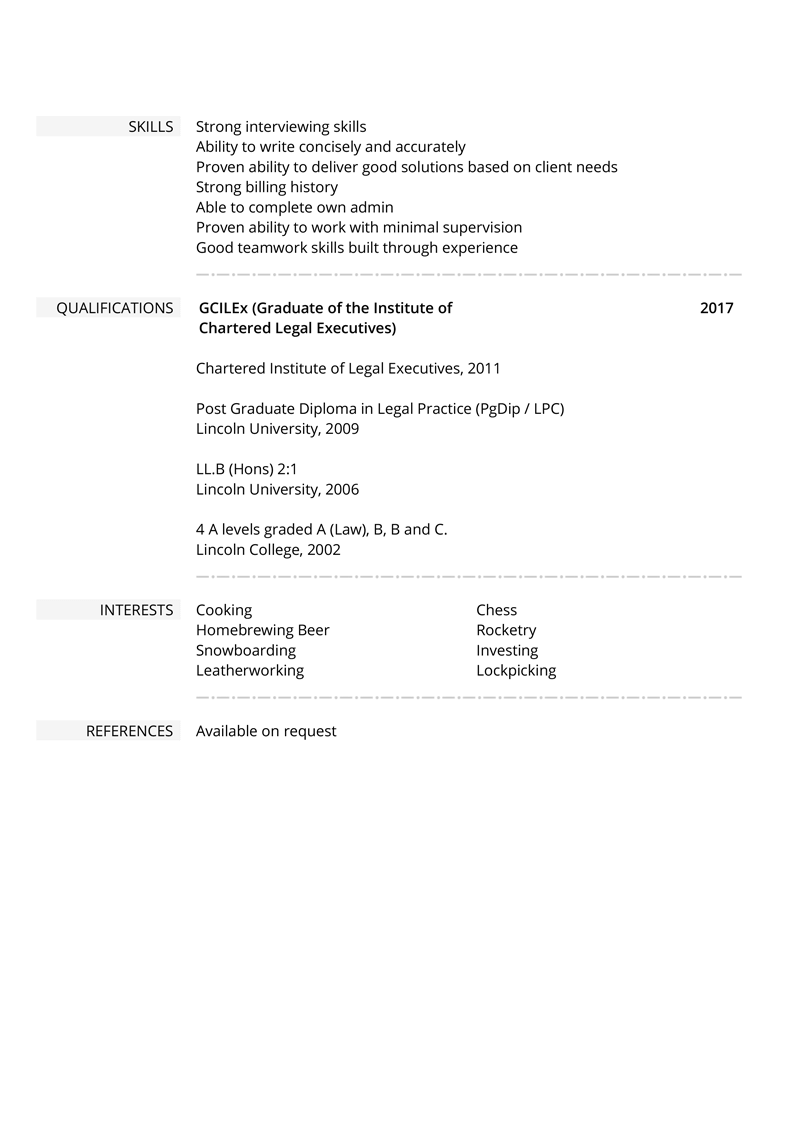 Law CV example - template page 2