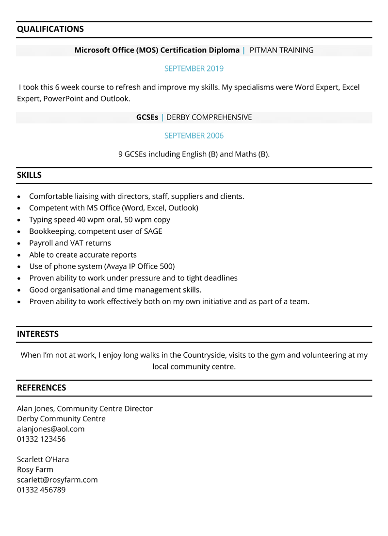 Mum returning to work CV example - page two