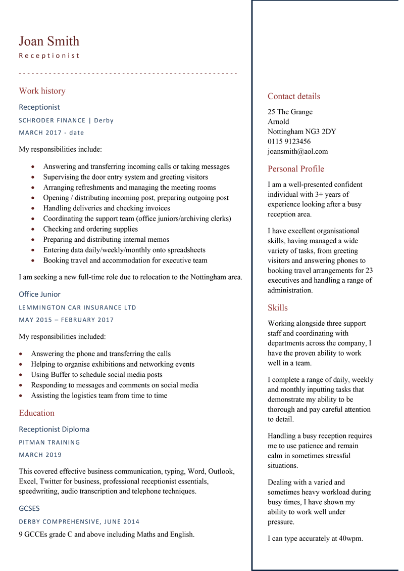 One page receptionist CV example - full preview