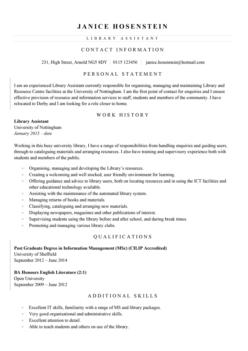 Library Assistant CV example - page one