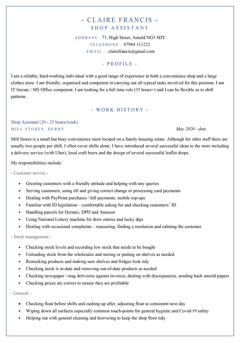 Shop assistant CV template - page 1