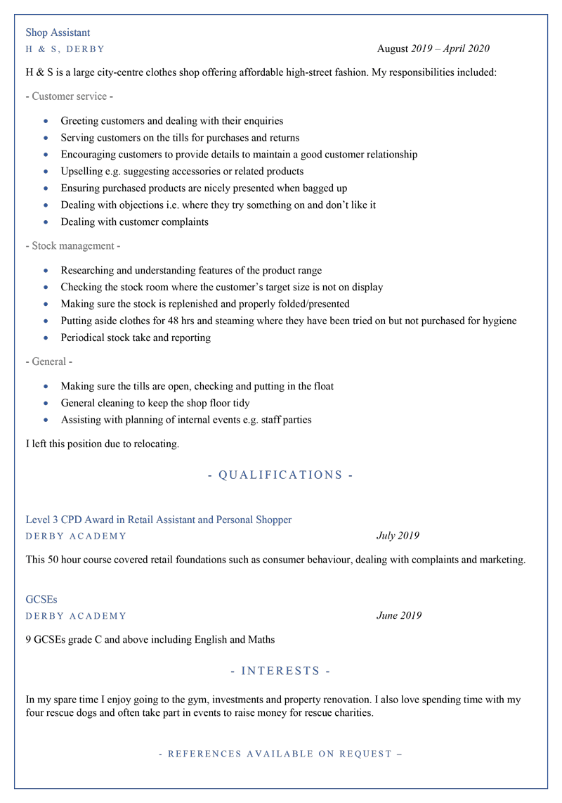 Shop assistant CV template - page 2