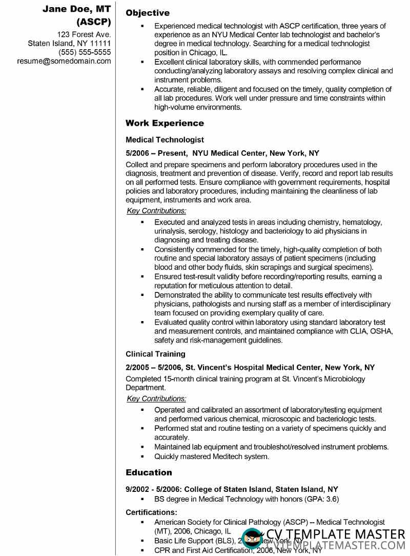 Cv Template With Sample Information For A Medical Technologist Cv Template Master