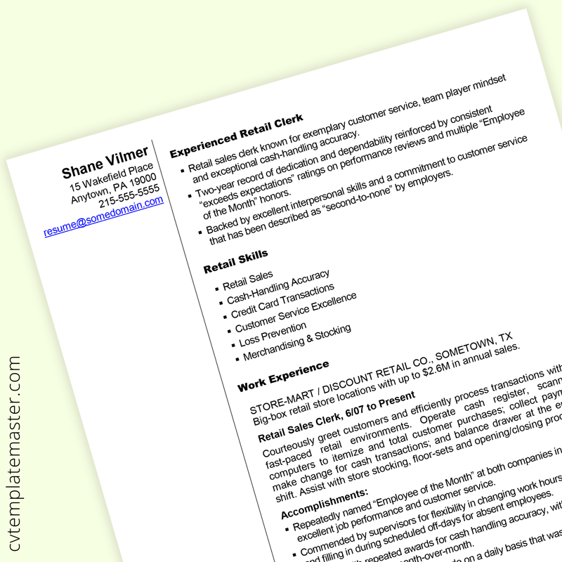 CV or résumé example for a retail sales job application ...