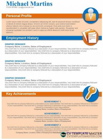 Orange and blue creative CV template with shaded sections and icon-enhanced headings