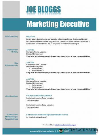One page creative CV template with titles in a narrow left column