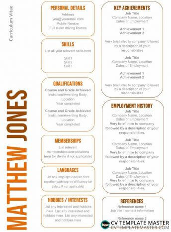 Orange creative CV template with a vertical title and stacked boxes for your information