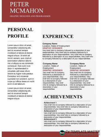 Burgundy creative CV template with a bold header and two columns