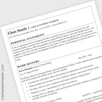 Care support worker CV template with classic border (MS Word)