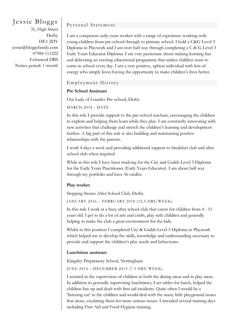 Childcare CV - page one