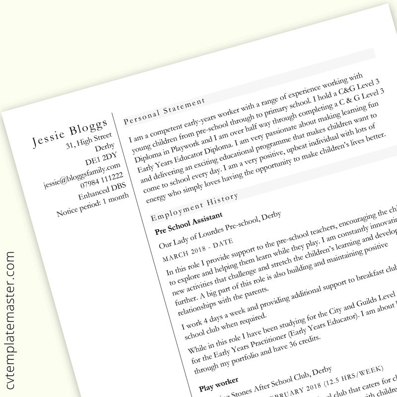 Childcare CV example - template