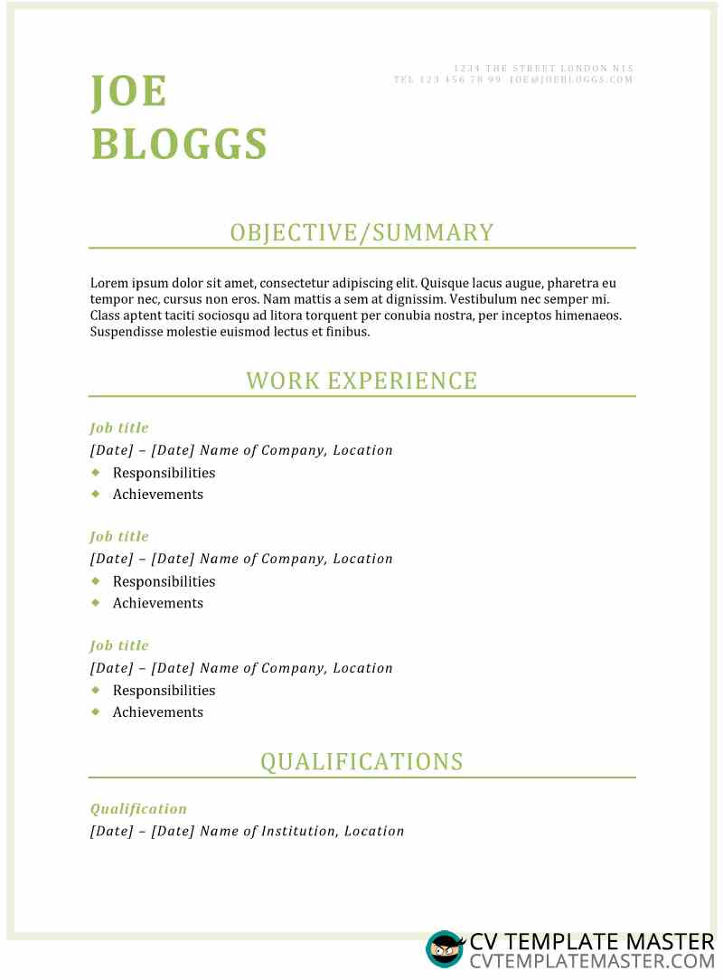 Classic green CV/résumé template CV Template Master