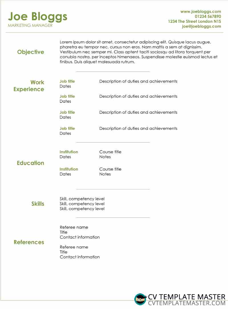 CV Template with sage green left titles