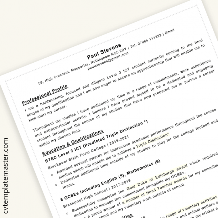 Apprenticeship CV example (template with sample content in Microsoft Word)