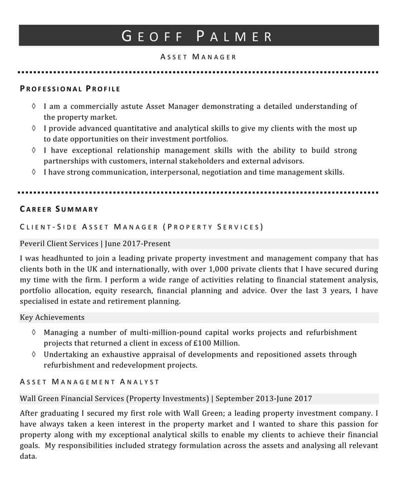 Asset manager CV template - page one