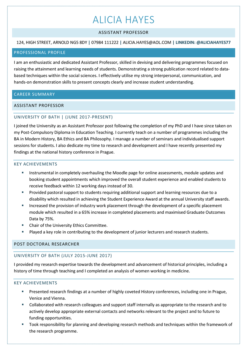 Assistant professor CV template - page one