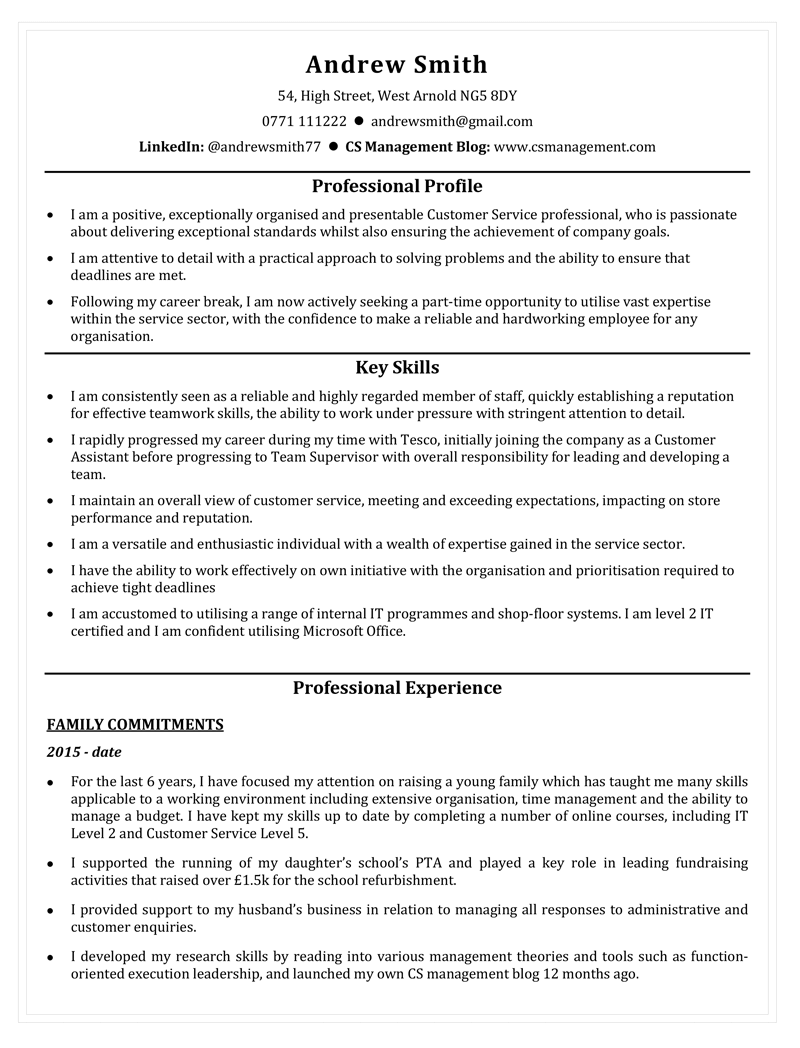sample CV with gaps in employment - page one