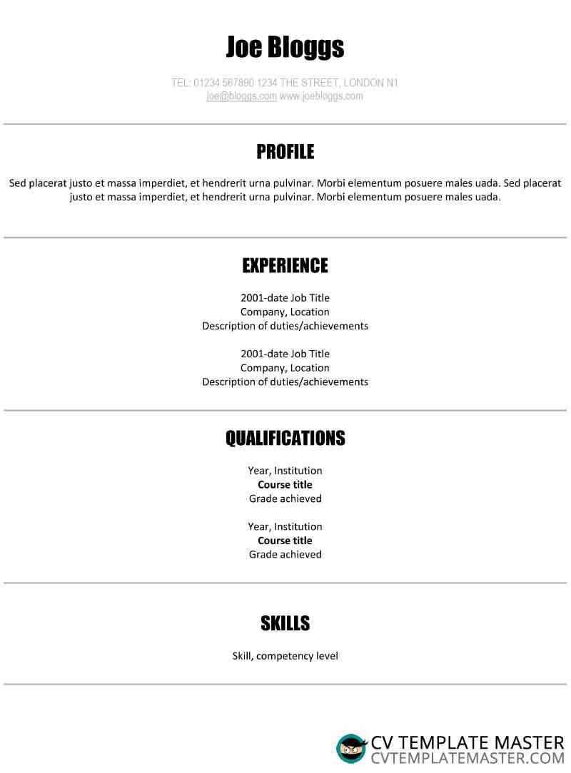 simple ats-friendly centred cv template with a crisp font