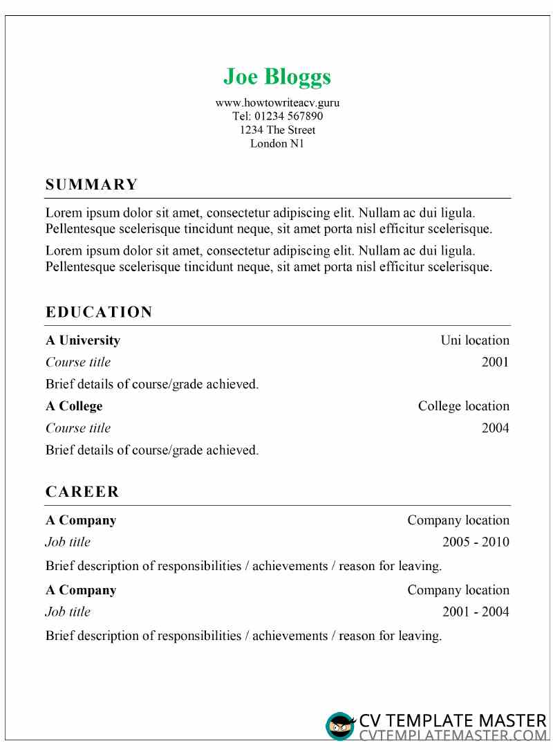 Resume Template Basic from www.cvtemplatemaster.com