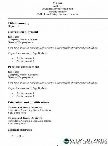 CV template suitable for a clinical position