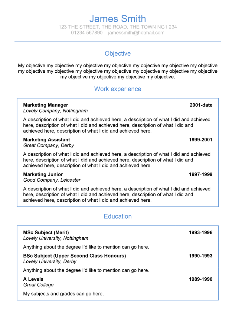 Boxes CV template - page one
